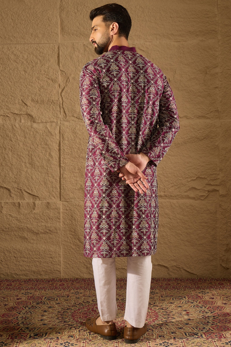 Purple Silk Floral Printed Straight Kurta HOPMKU1279
