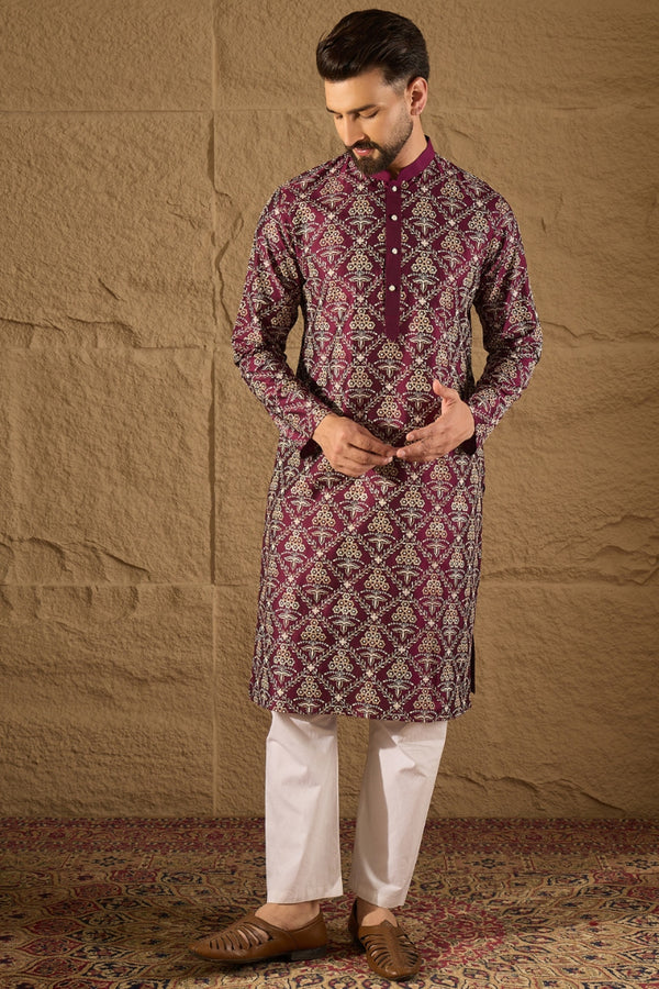 Purple Silk Printed Straight Kurta MKU1279