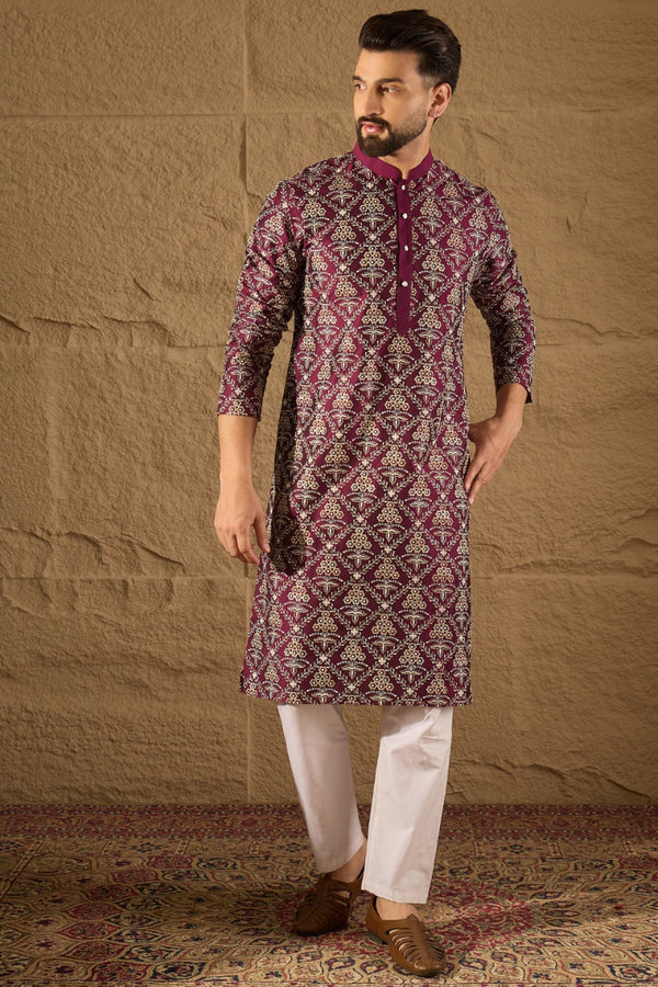 Purple Silk Printed Straight Kurta MKU1279