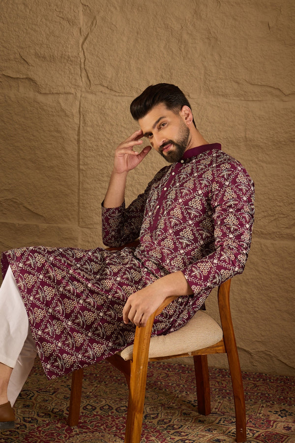 Purple Silk Floral Printed Straight Kurta HOPMKU1279