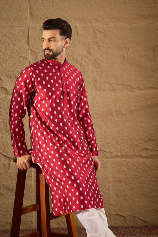 Maroon Silk Ikat Printed Straight Kurta HOPMKU1281