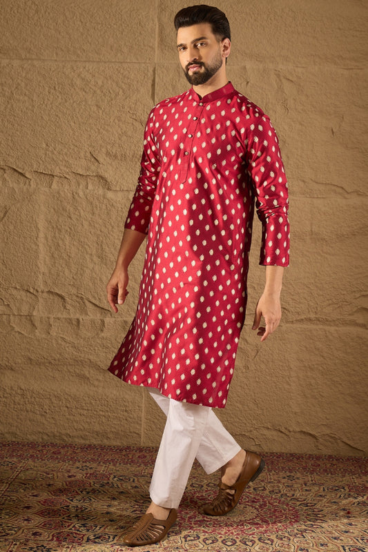 Maroon Silk Ikat Printed Straight Kurta With Pant Set MKSET1281