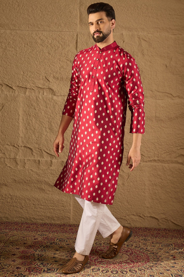 Maroon Silk Ikat Printed Straight Kurta HOPMKU1281