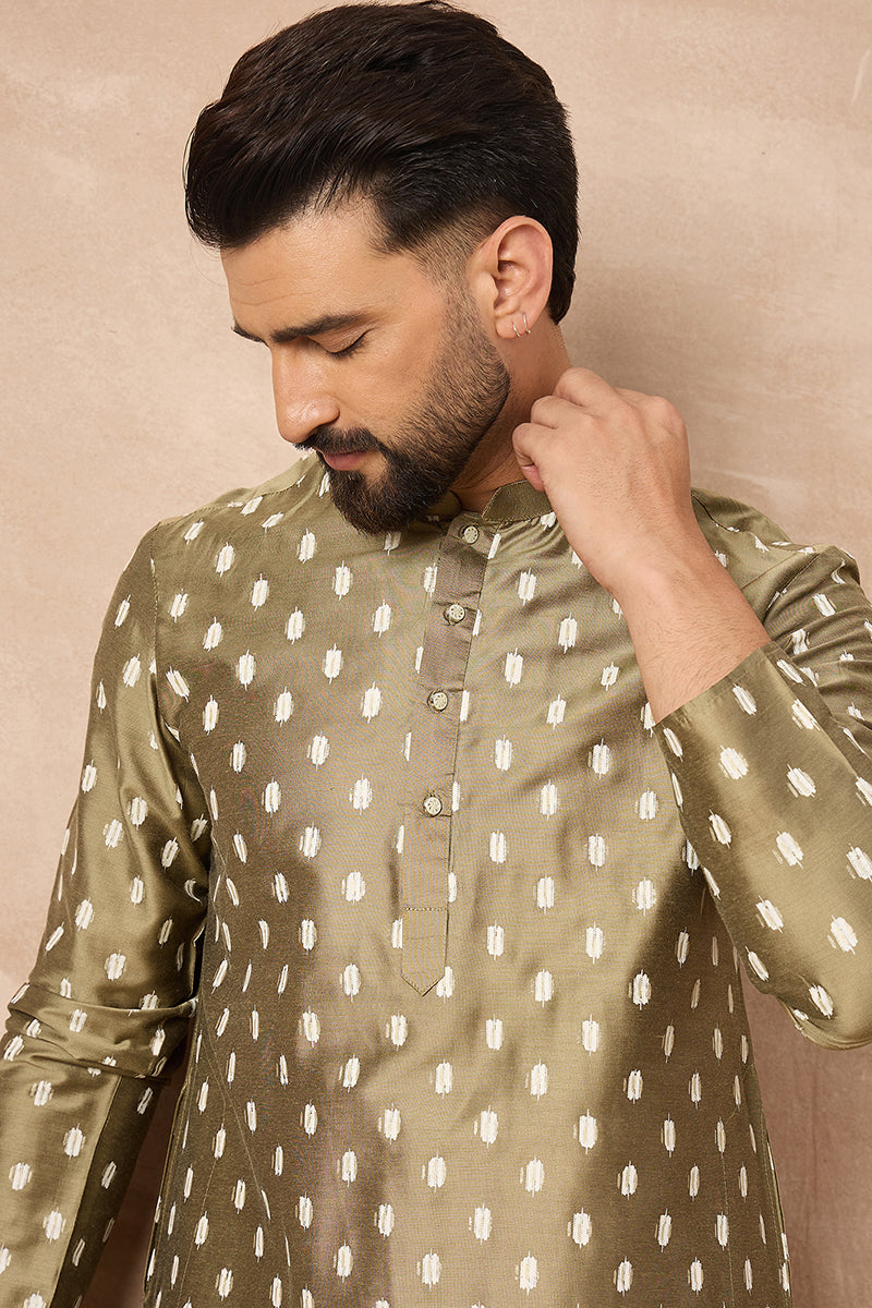 Olive Silk Ikat Printed Straight Kurta HOPMKU1284