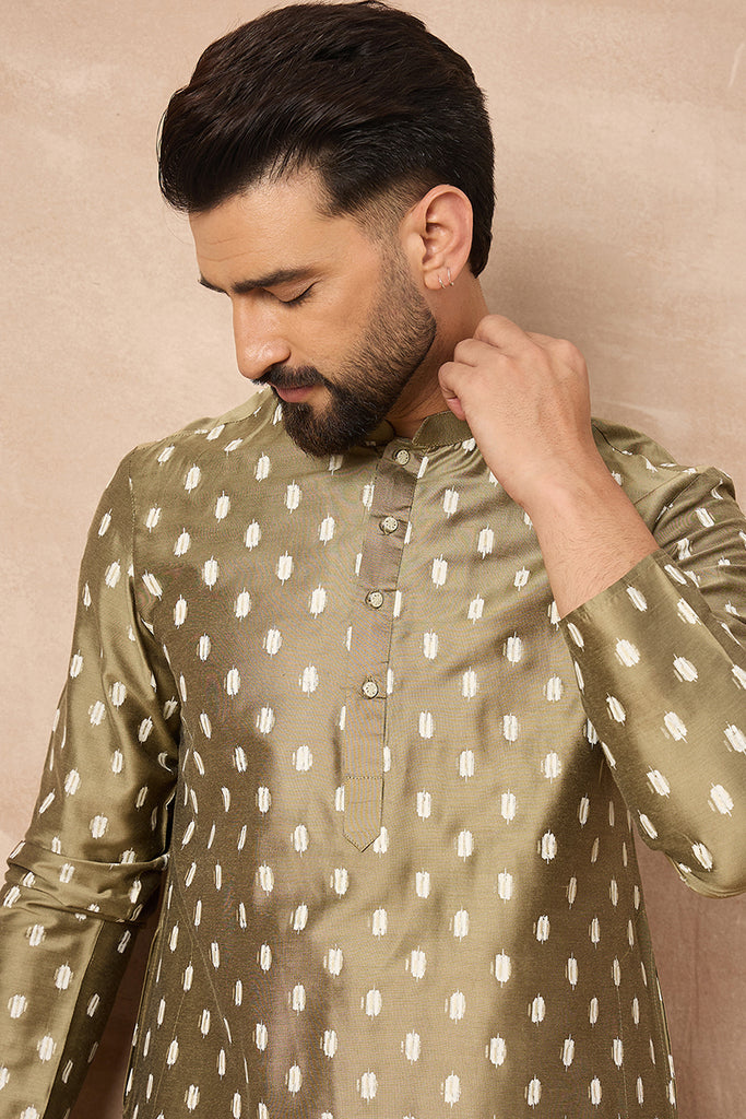 Olive Silk Ikat Printed Straight Kurta MKU1284