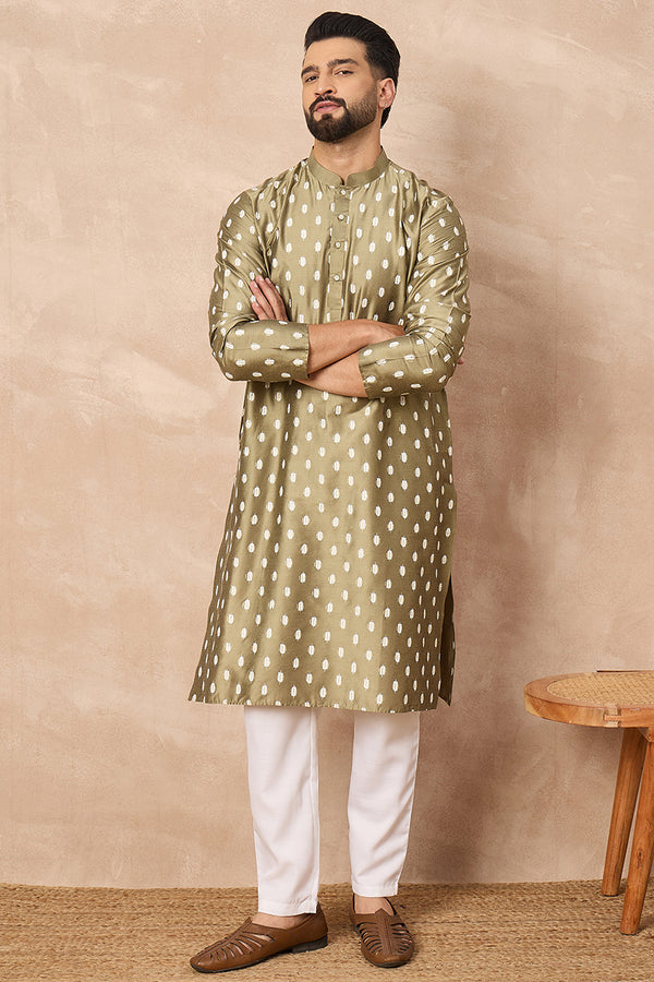Olive Silk Ikat Printed Straight Kurta HOPMKU1284