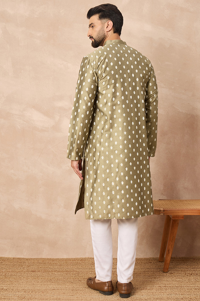 Olive Silk Ikat Printed Straight Kurta HOPMKU1284