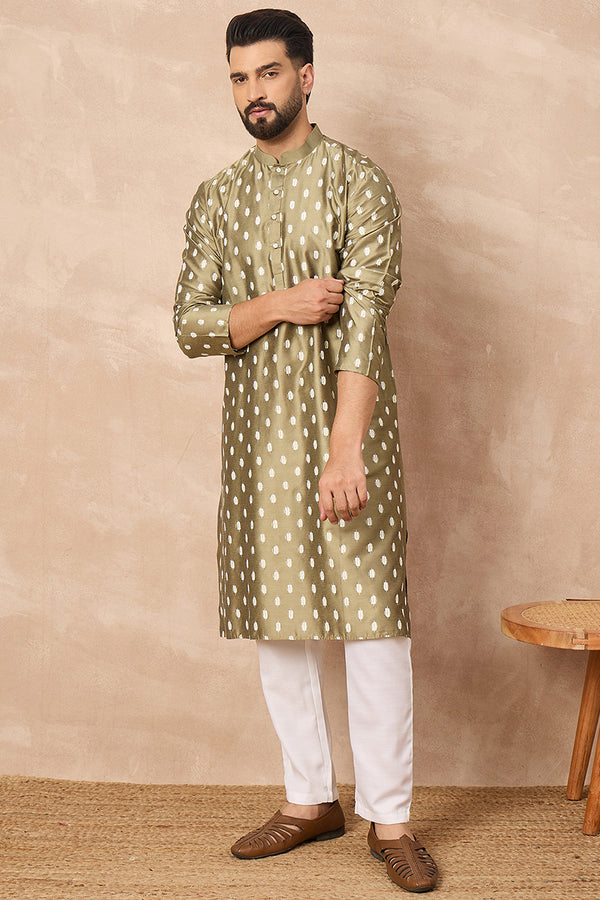 Olive Silk Ikat Printed Straight Kurta MKU1284