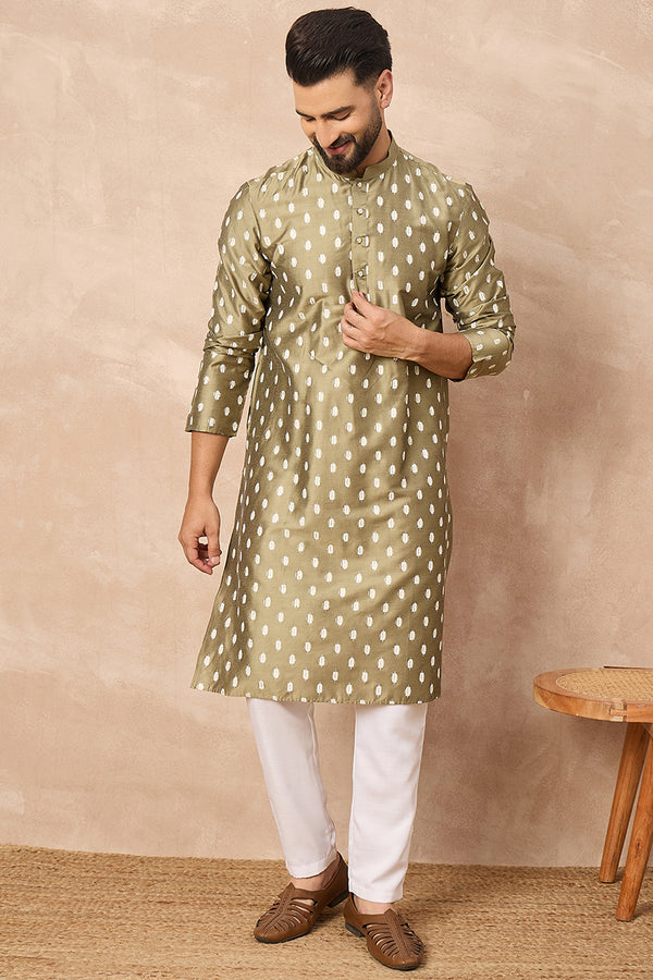 Olive Silk Ikat Printed Straight Kurta MKU1284