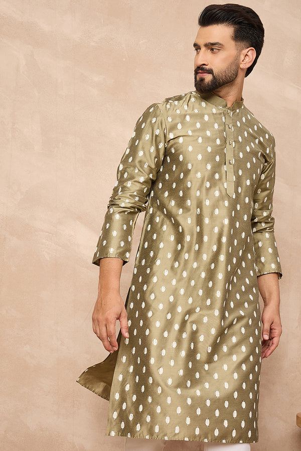 Olive Silk Ikat Printed Straight Kurta HOPMKU1284