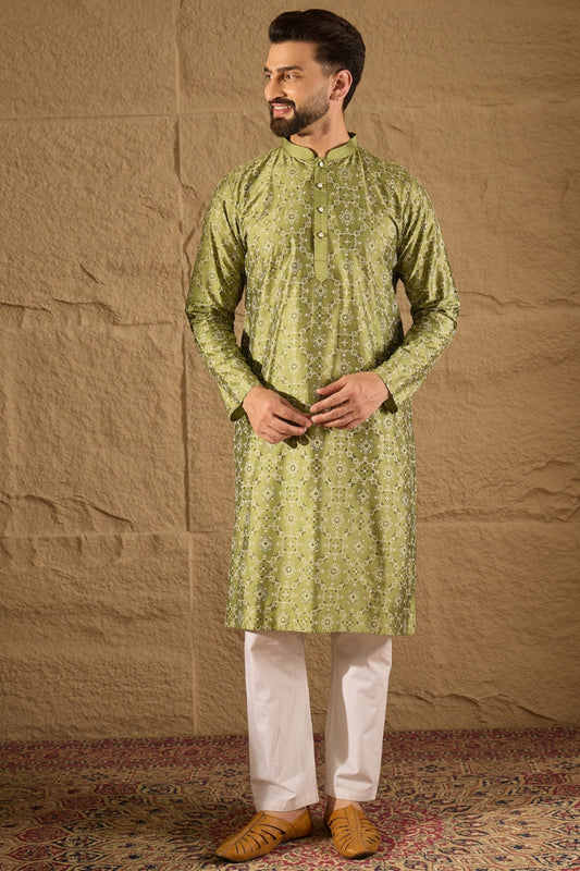 Green Silk Etnic Motifs Printed Straight Kurta MKU1285