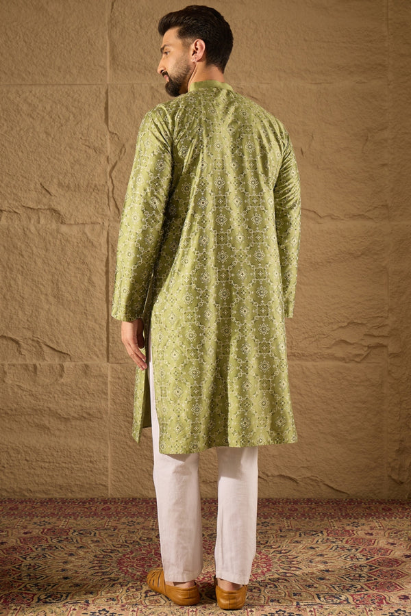 Green Silk Floral Printed Straight Kurta HOPMKU1285