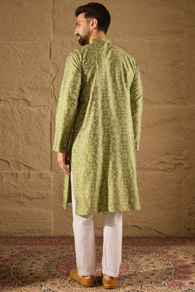 Green Silk Etnic Motifs Printed Straight Kurta MKU1285