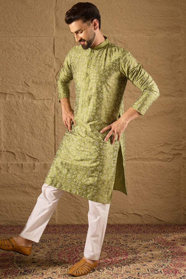 Green Silk Etnic Motifs Printed Straight Kurta MKU1285