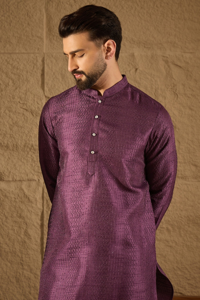 Purple  Viscose Rayon Embroidered Mandarin Collar Straight Kurta MKU1288