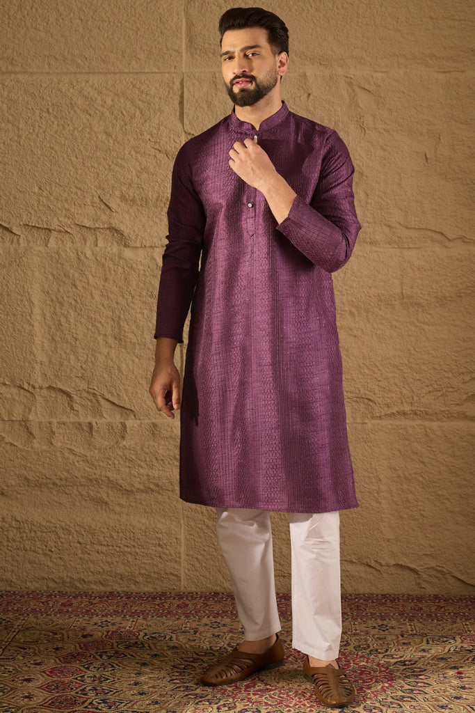 Purple  Viscose Rayon Embroidered Mandarin Collar Straight Kurta MKU1288