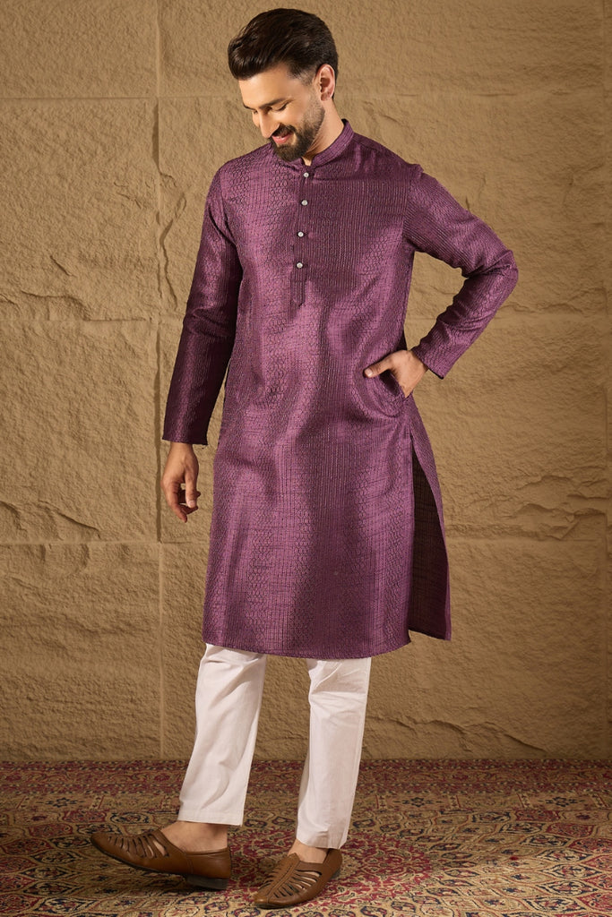 Purple  Viscose Rayon Embroidered Mandarin Collar Straight Kurta MKU1288