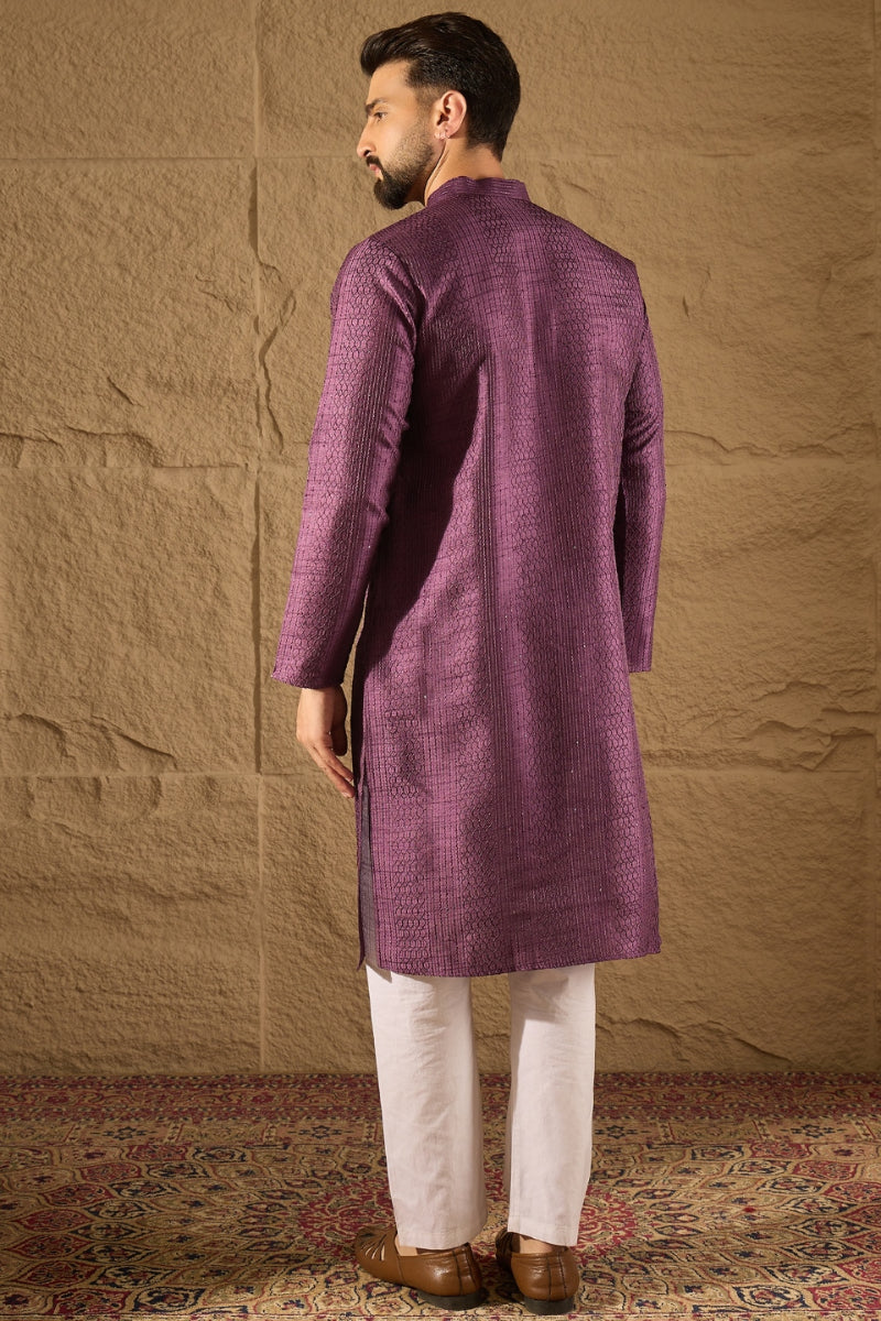 Purple Silk Blend Solid Embroidered Straight Kurta with Trouser MKSET1288