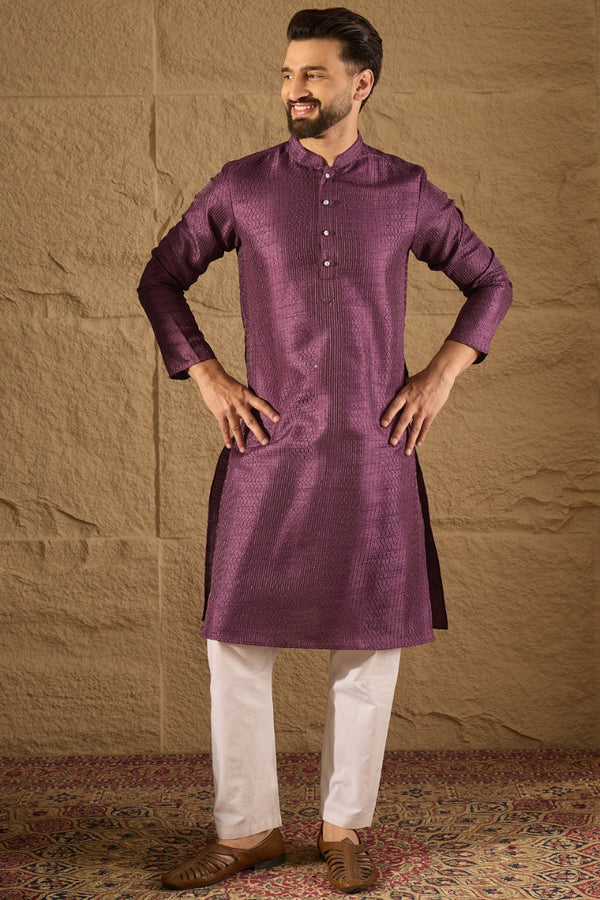 Purple  Viscose Rayon Embroidered Mandarin Collar Straight Kurta MKU1288