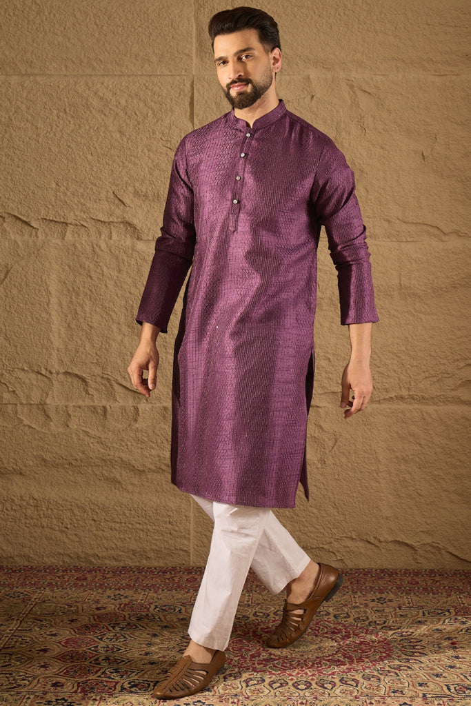 Purple  Viscose Rayon Embroidered Mandarin Collar Straight Kurta MKU1288
