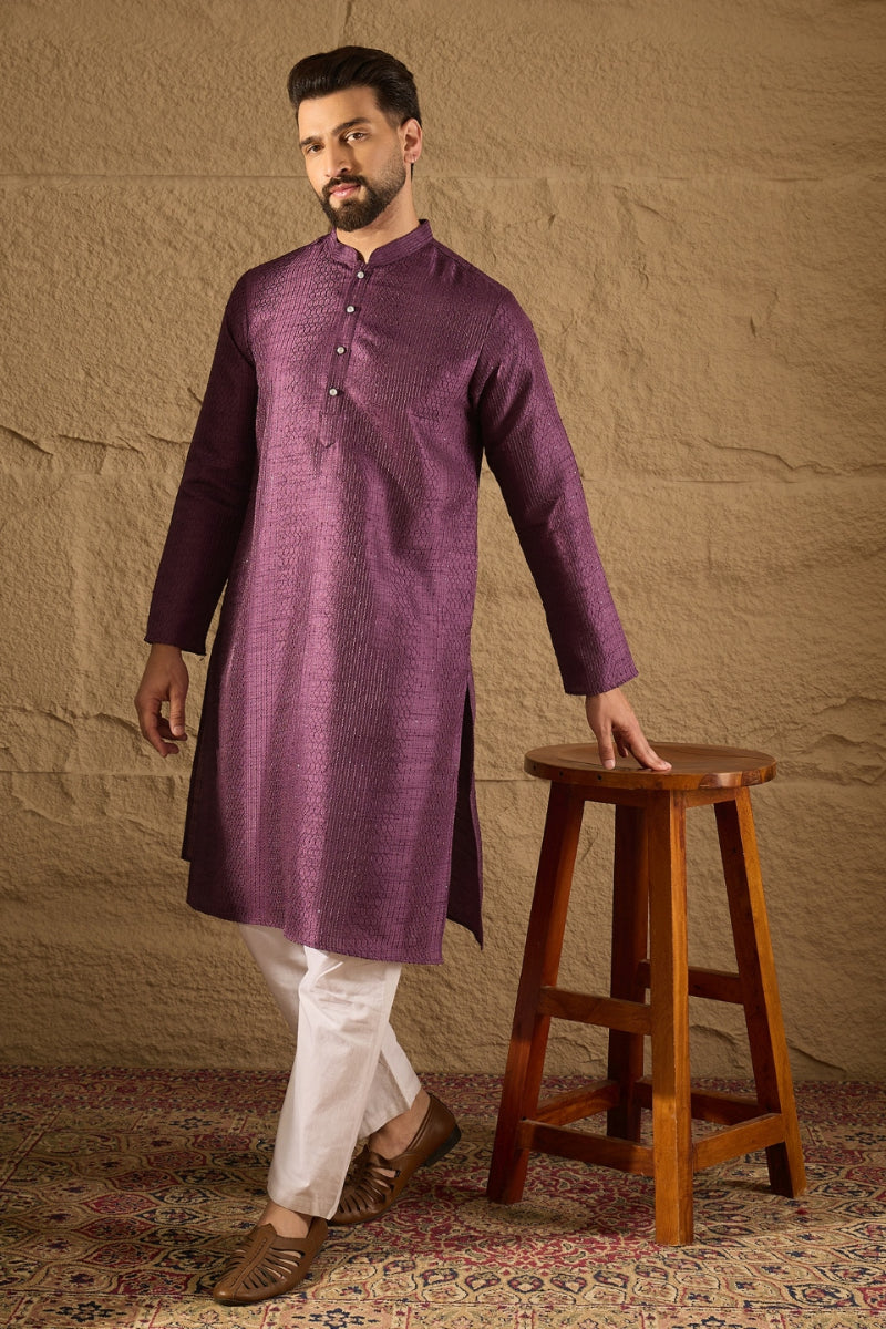 Purple  Viscose Rayon Embroidered Mandarin Collar Straight Kurta MKU1288