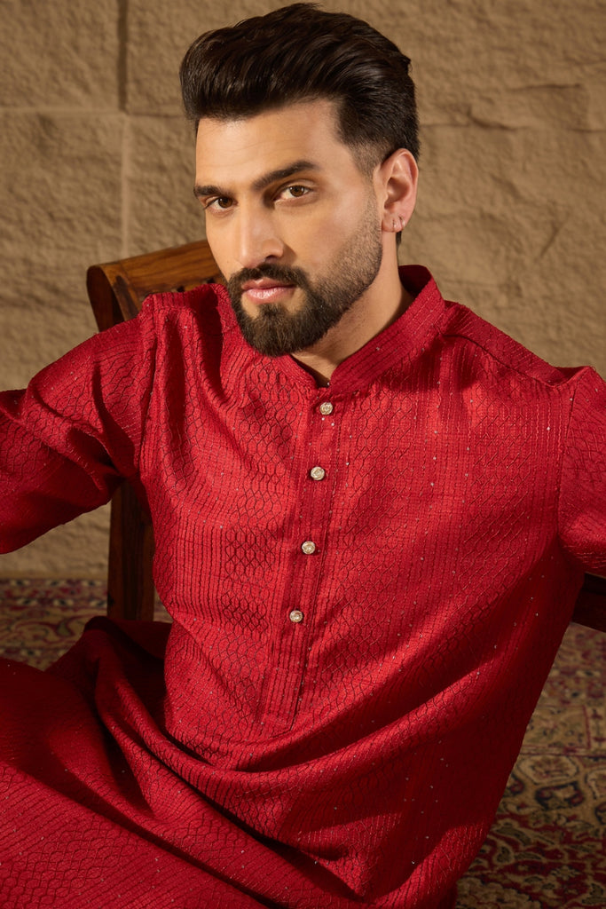 Red Silk Blend Solid Embroidered Straight Kurta with Trouser MKSET1290