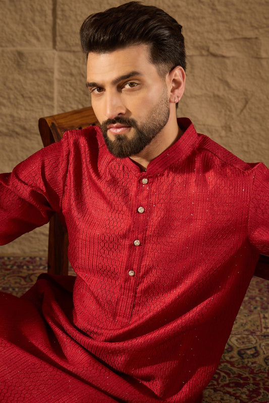Red Viscose Rayon Embroidered Mandarin Collar Straight Kurta MKU1290