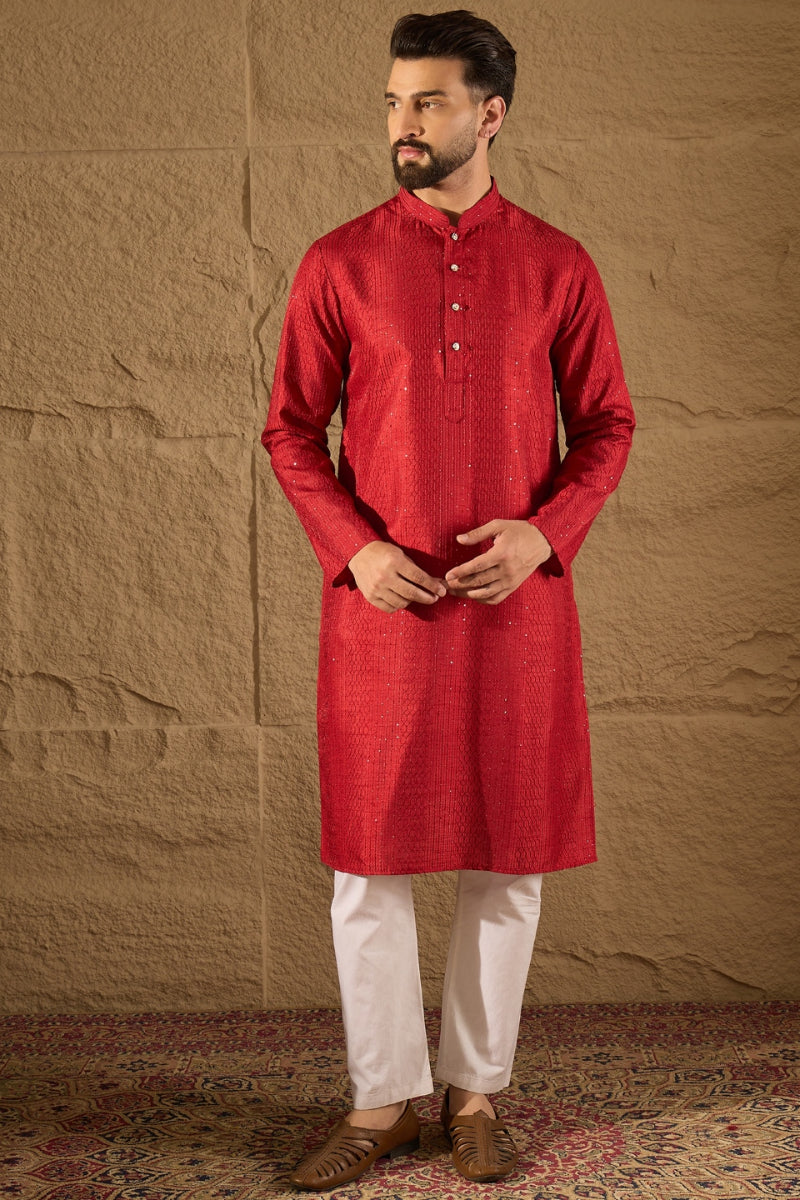 Red Silk Blend Solid Embroidered Straight Kurta with Trouser MKSET1290