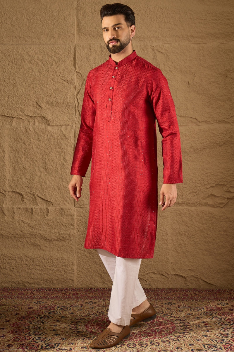 Red Silk Blend Solid Embroidered Straight Kurta with Trouser MKSET1290