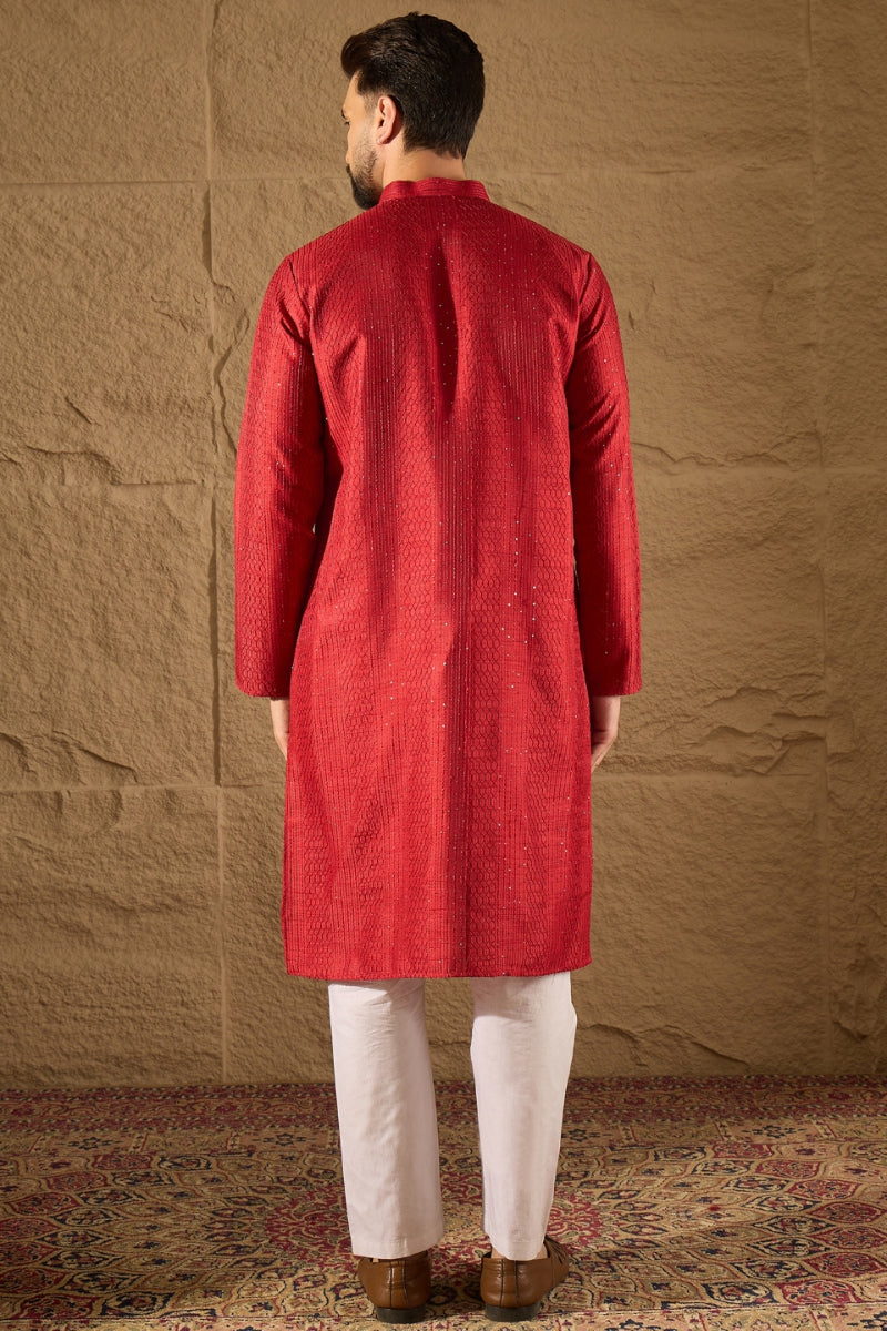 Red Silk Blend Solid Embroidered Straight Kurta with Trouser MKSET1290