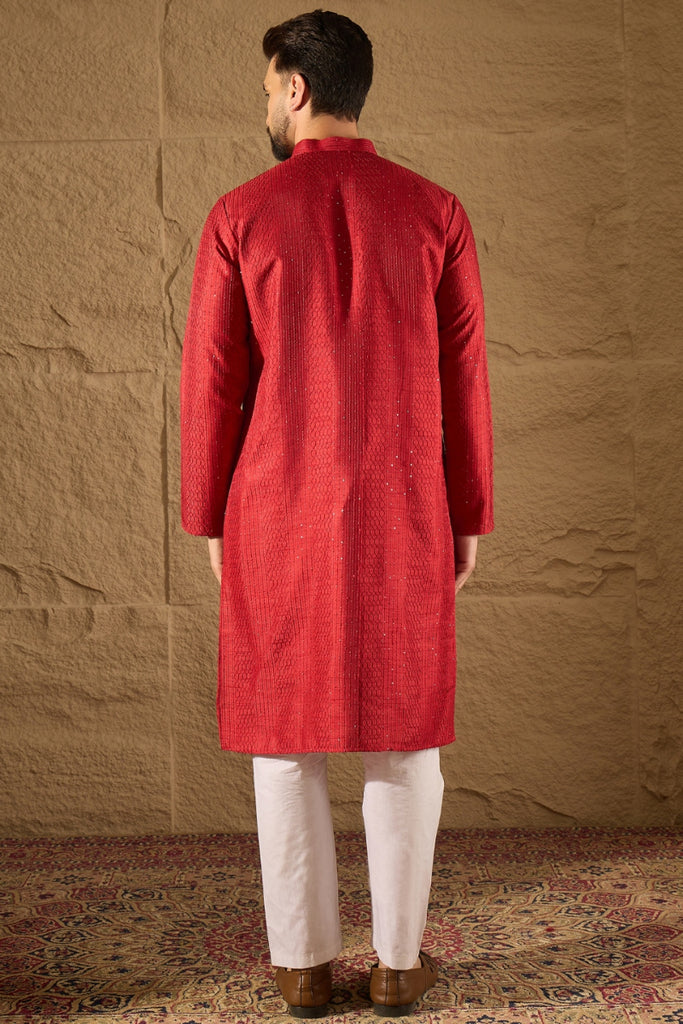Red Silk Blend Solid Embroidered Straight Kurta with Trouser MKSET1290