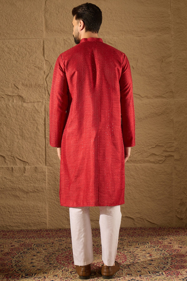 Red Silk Blend Solid Embroidered Straight Kurta with Trouser MKSET1290