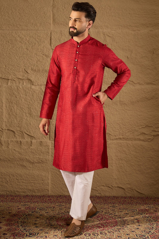 Red Silk Blend Solid Embroidered Straight Kurta with Trouser MKSET1290