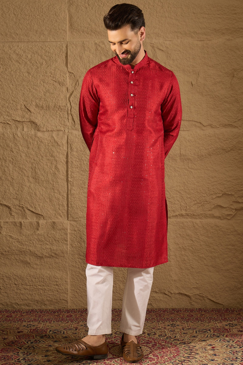 Red Silk Blend Solid Embroidered Straight Kurta with Trouser MKSET1290