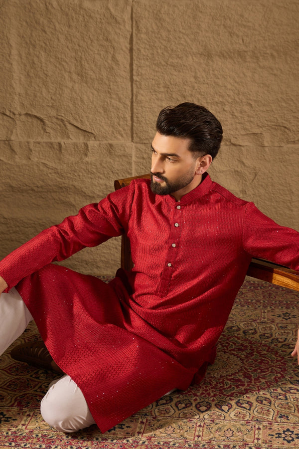 Red Silk Blend Solid Embroidered Straight Kurta with Trouser MKSET1290