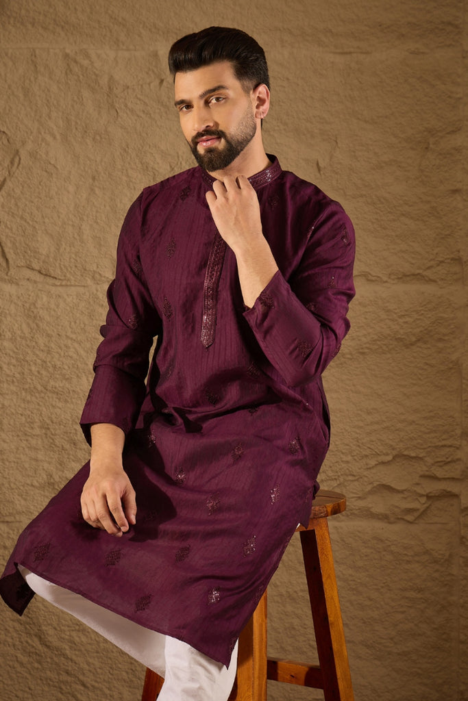 Purple Viscose Rayon Solid Embroidered Straight Kurta MKU1291