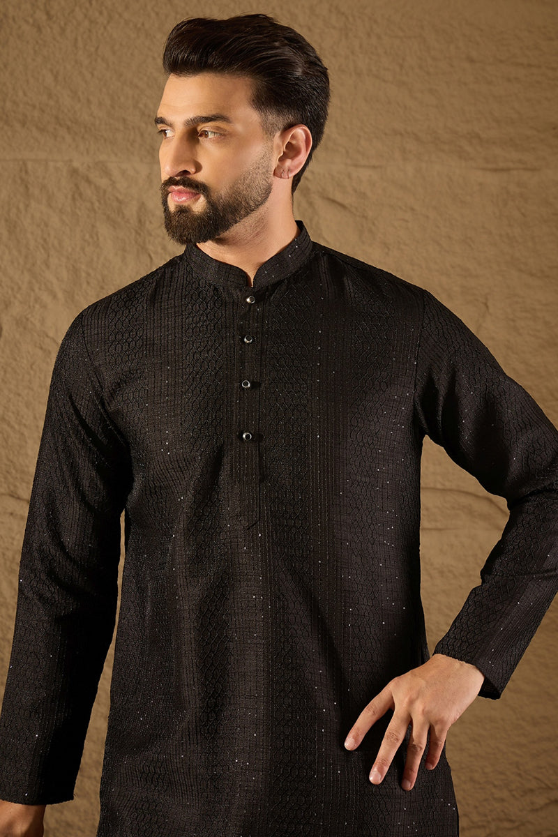Black Silk Blend Solid Embroidered Straight Kurta with Trouser MKSET1292