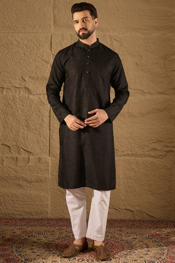 Black Silk Blend Solid Embroidered Straight Kurta with Trouser MKSET1292