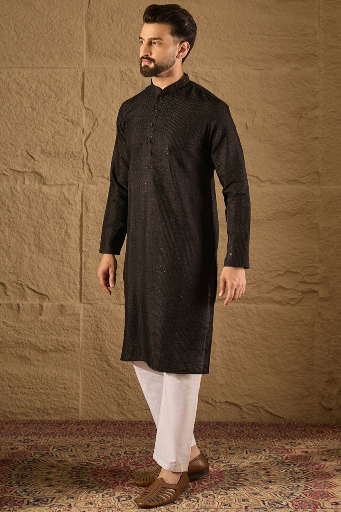 Black Silk Blend Solid Embroidered Straight Kurta with Trouser MKSET1292