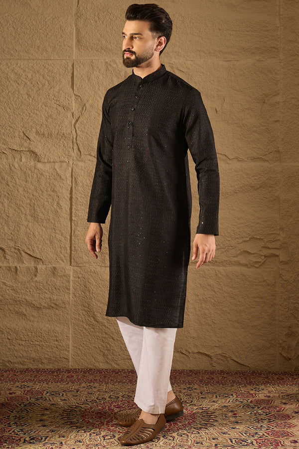 Black Silk Blend Solid Embroidered Straight Kurta with Trouser MKSET1292