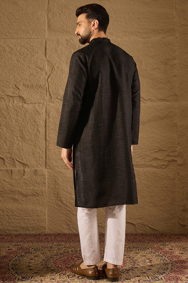 Black Silk Blend Solid Embroidered Straight Kurta with Trouser MKSET1292