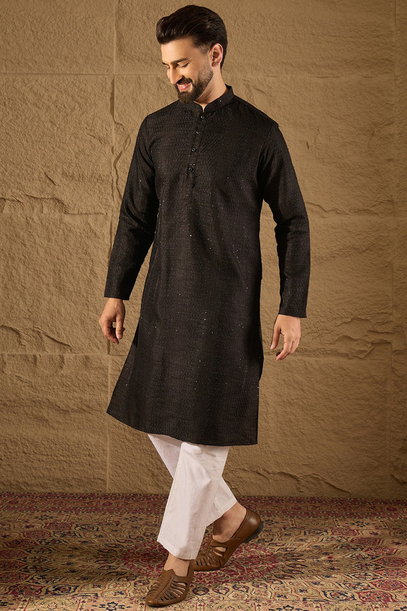 Black Silk Blend Solid Embroidered Straight Kurta with Trouser MKSET1292