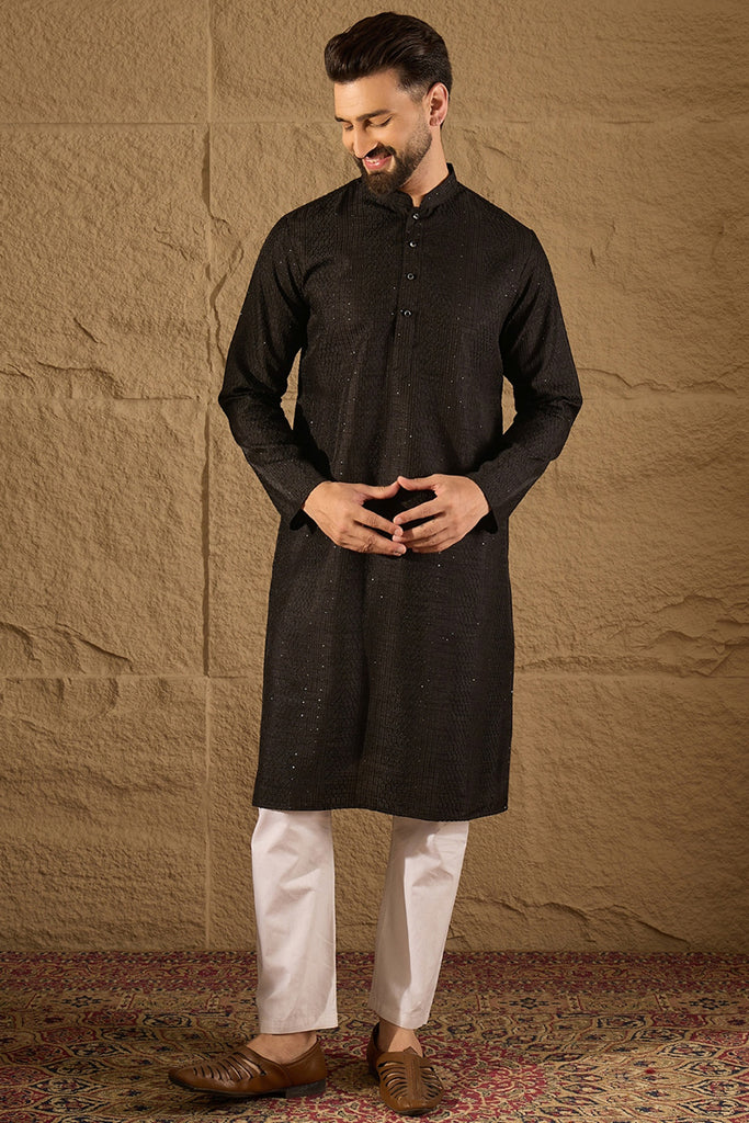 Black Silk Blend Solid Embroidered Straight Kurta with Trouser MKSET1292