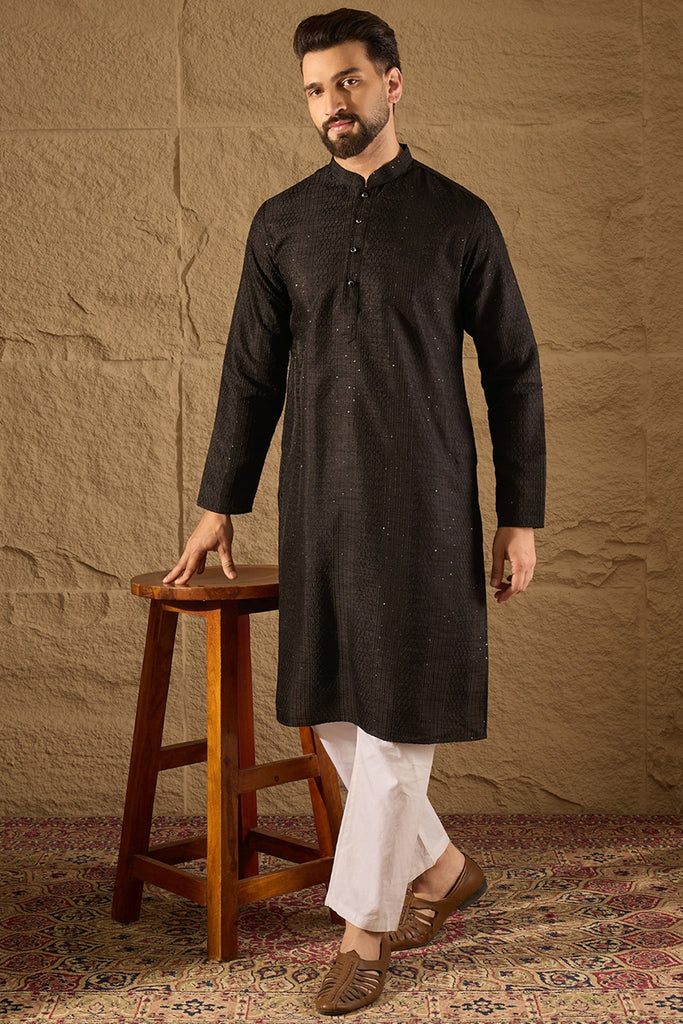 Black Silk Blend Solid Embroidered Straight Kurta with Trouser MKSET1292