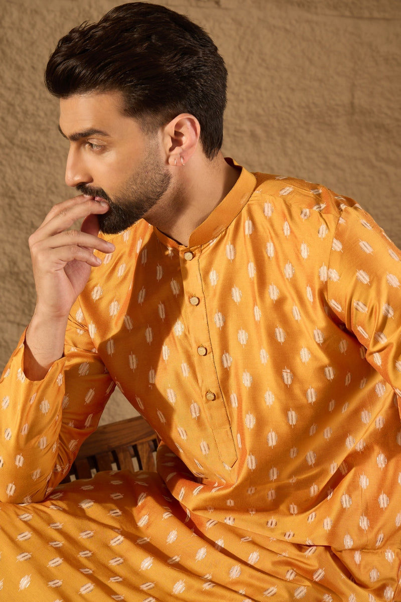 Yellow Silk Ikkat Printed Straight Kurta MKU1298