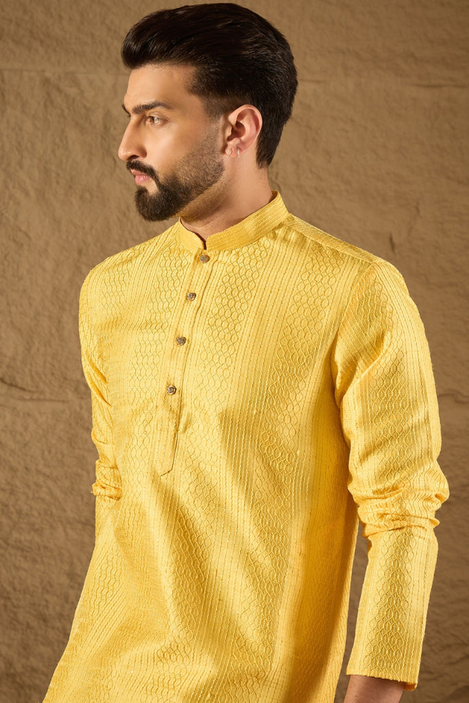Yellow Silk Blend Solid Embroidered Straight Kurta with Trouser MKSET1300