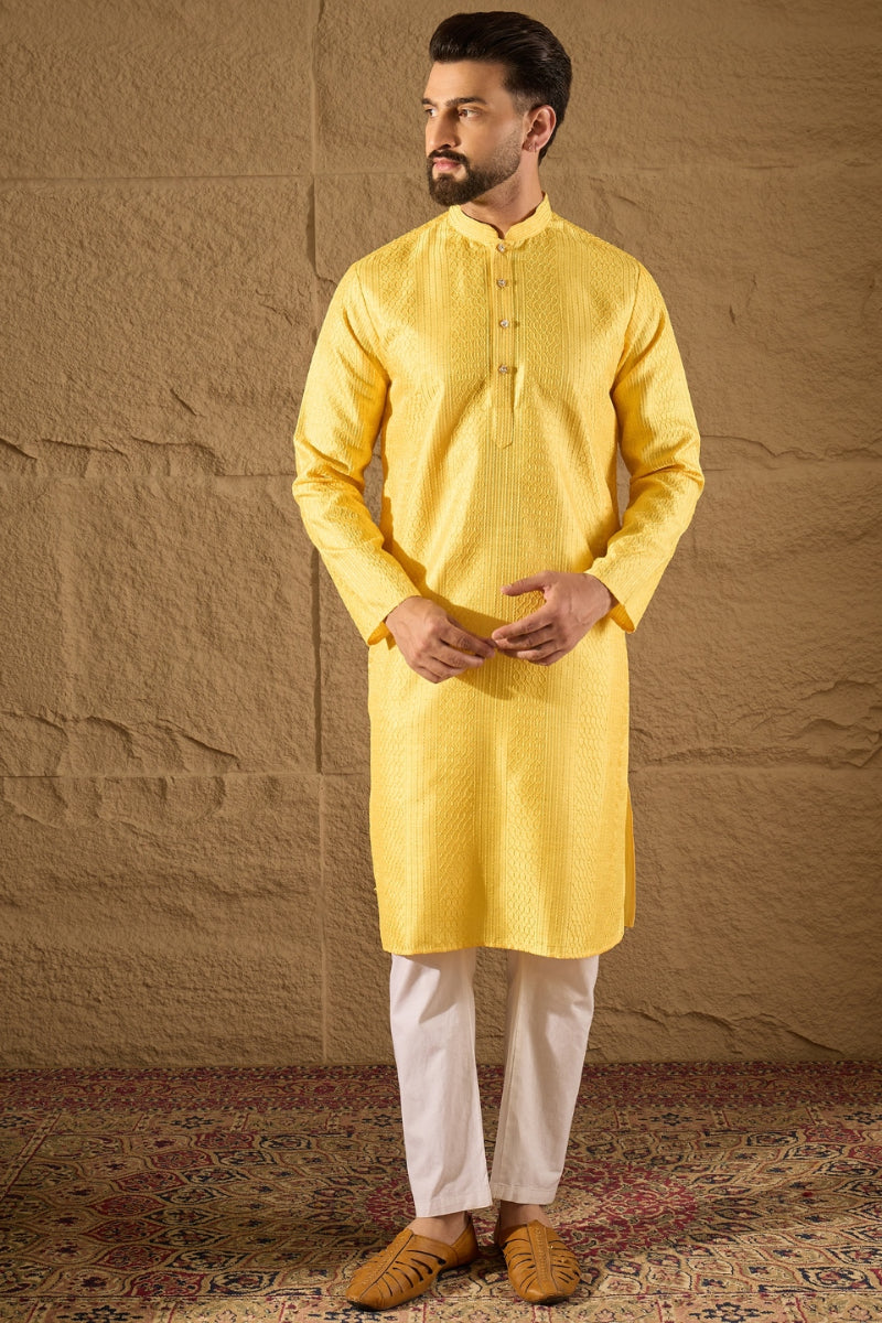 Yellow Silk Blend Solid Embroidered Straight Kurta with Trouser MKSET1300