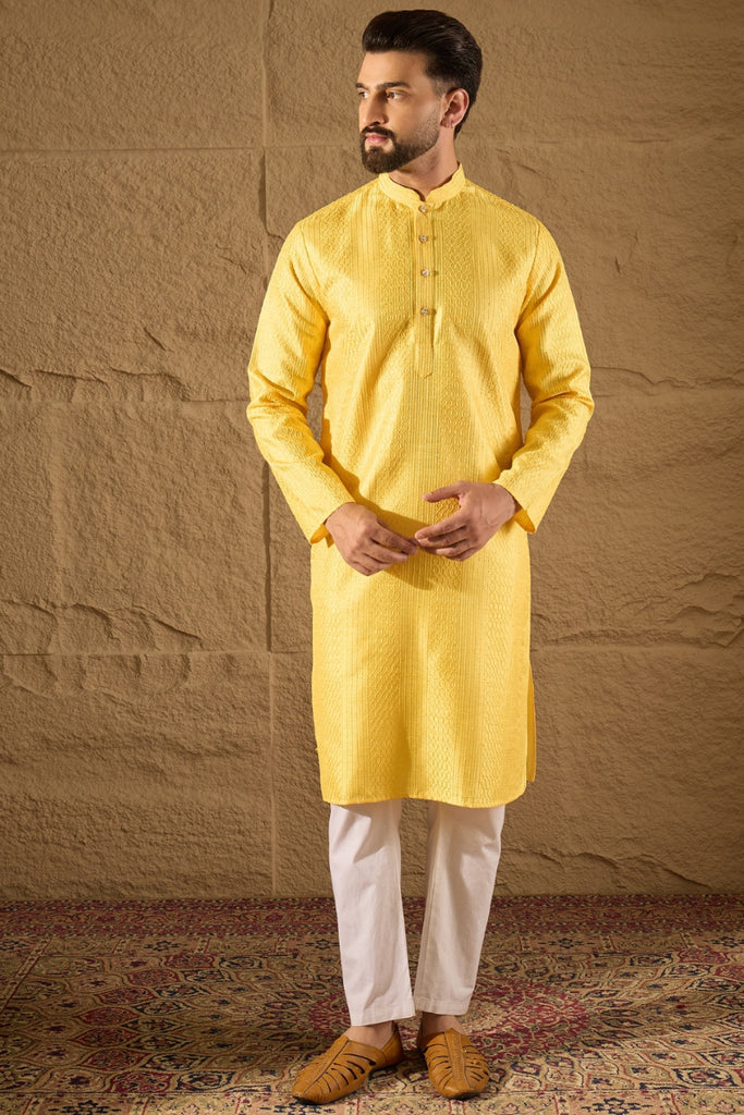 Yellow Silk Blend Solid Embroidered Straight Kurta with Trouser MKSET1300