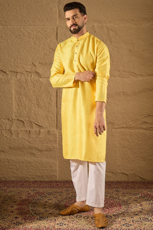 Yellow Silk Blend Solid Embroidered Straight Kurta with Trouser MKSET1300