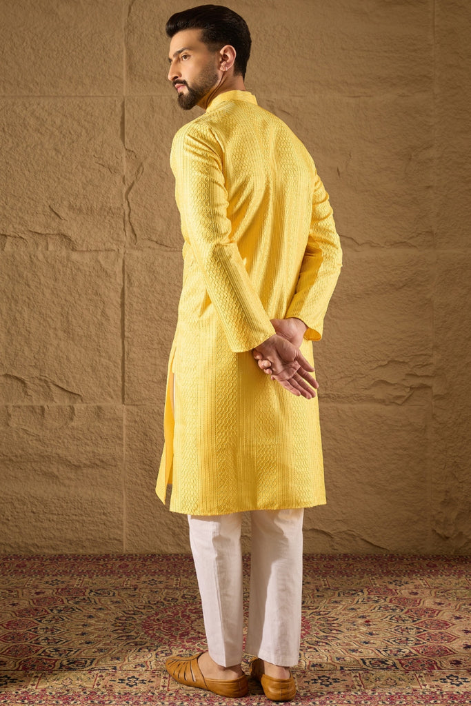 Yellow Silk Blend Solid Embroidered Straight Kurta with Trouser MKSET1300